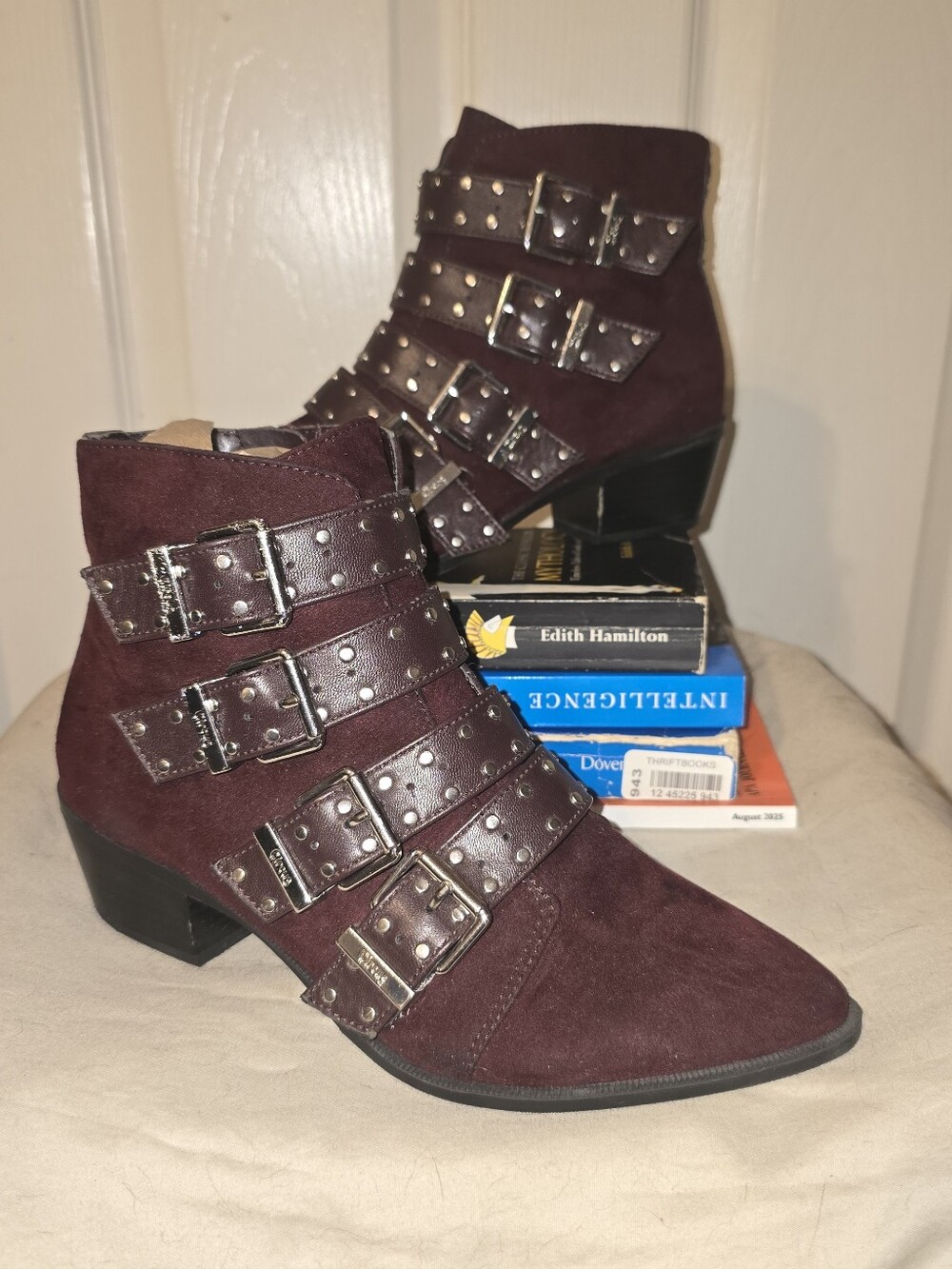 Circus by Sam Edelman Size 6 Burgundy Studded Buckle Ankle Boots Moto Western